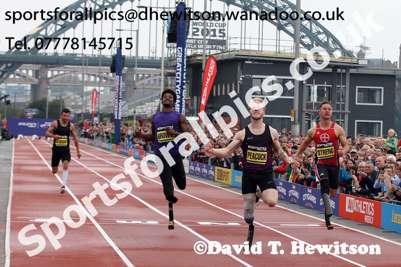Jonny Peacock wins the 100 metres T44 from Richard Browne, Great North CityGames. Photo: David T. Hewitson/Sports for All Pics